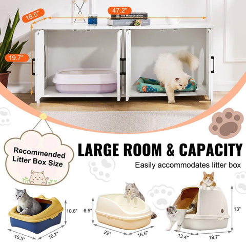 Cat Litter Box Enclosure Wooden Furniture Hidden Litter Box with 2 Rooms White