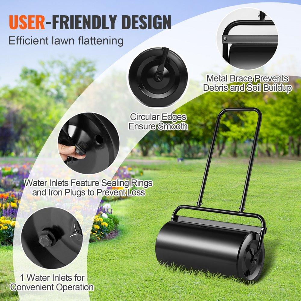 Lawn Roller 13 Gallon Sand or Water Filled Steel Sod Roller with Easy Turn Plug and U Shaped Handle for Lawn Garden Farm and Park Black