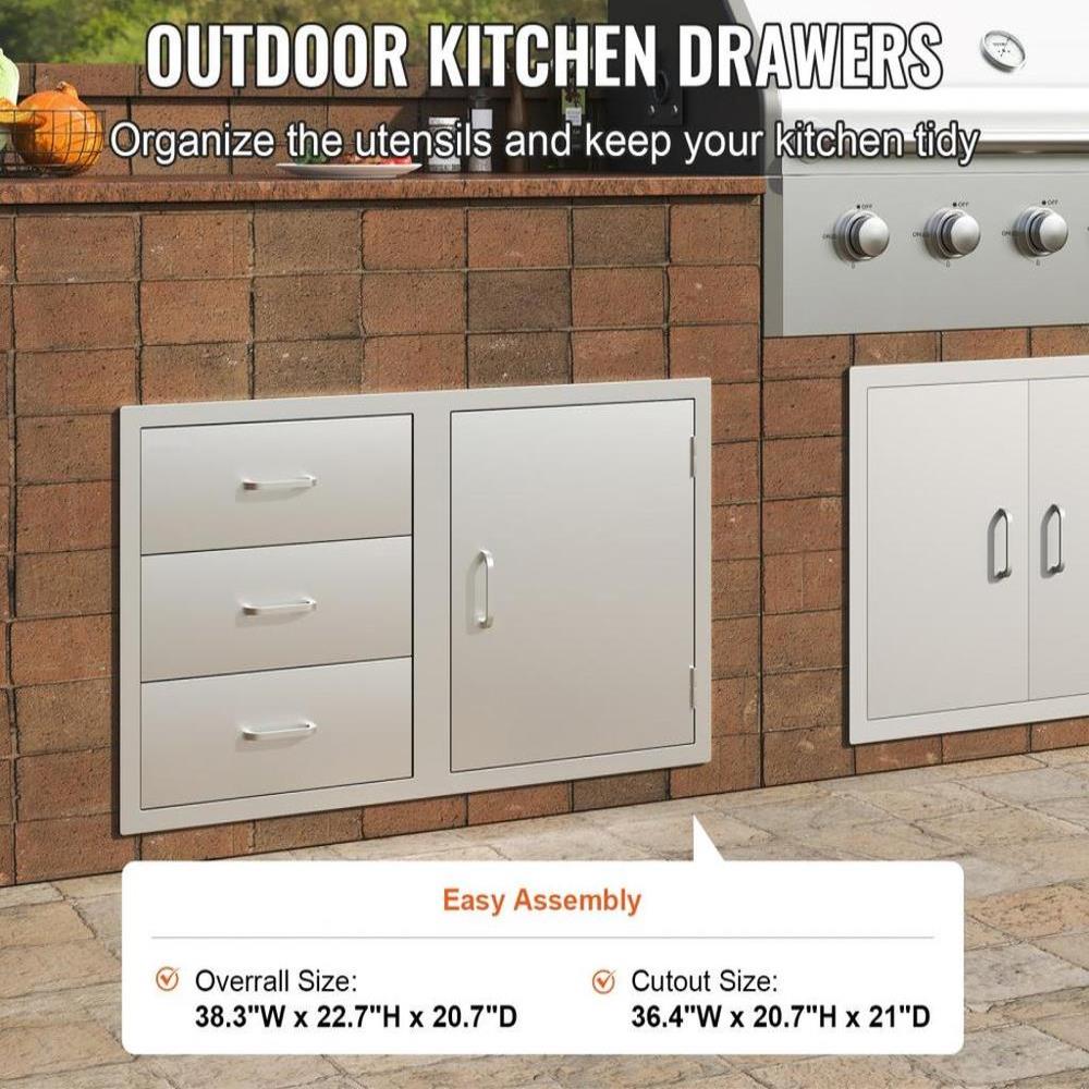 Outdoor Kitchen Door Drawer Combo 38.3''W x 22.7''H x 20.7''D, BBQ Access Door/Triple Drawers Combo with Stainless Steel Handles, Perfect for BBQ Island Patio Grill Station