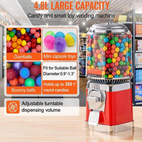 Gumball Machine for Kids, 16"H Home Candy Vending Machine, PC Round Gumball Dispenser, Bubble Gum Machine for Game Stores, Coin Operated Gumball Bank for Toy Capsules Bouncy Balls Candy, Red