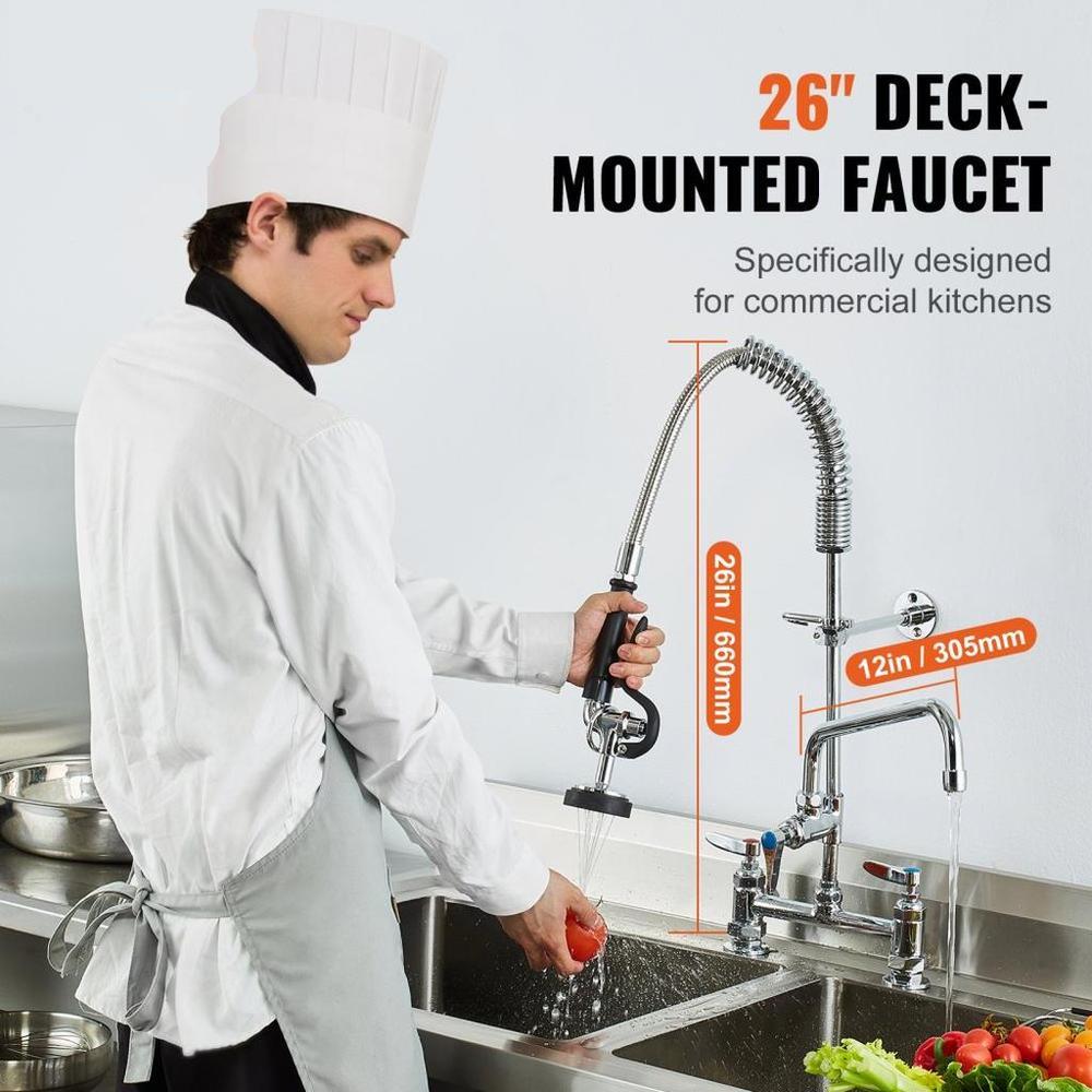 Commercial Faucet with Pre-Rinse Sprayer, 26" Height, 8" Center, 12" Swing Spout, Deck Mount Kitchen Sink Faucet, Brass Constructed Device with Pull Down Spray, for 1/2/3 Compartment Sink