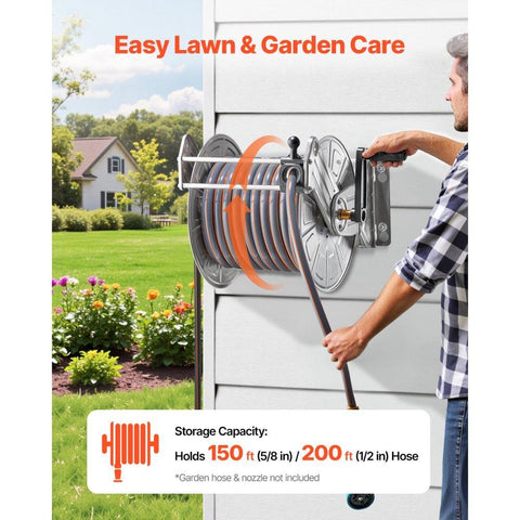 Wall Mounted Garden Hose Reel 150ft 5/8in Hose Winder with Brass Fitting and Hose Guide
