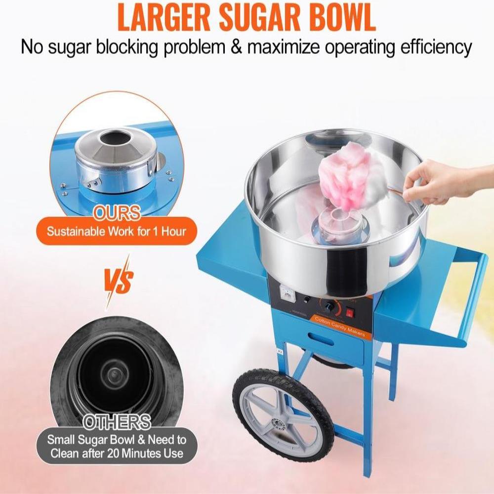 Electric Cotton Candy Machine with Cart, 1000W Commercial Candy Floss Maker with Stainless Steel Bowl, Sugar Scoop and Drawer, Perfect for Home, Kids Birthday, Family Party, Blue