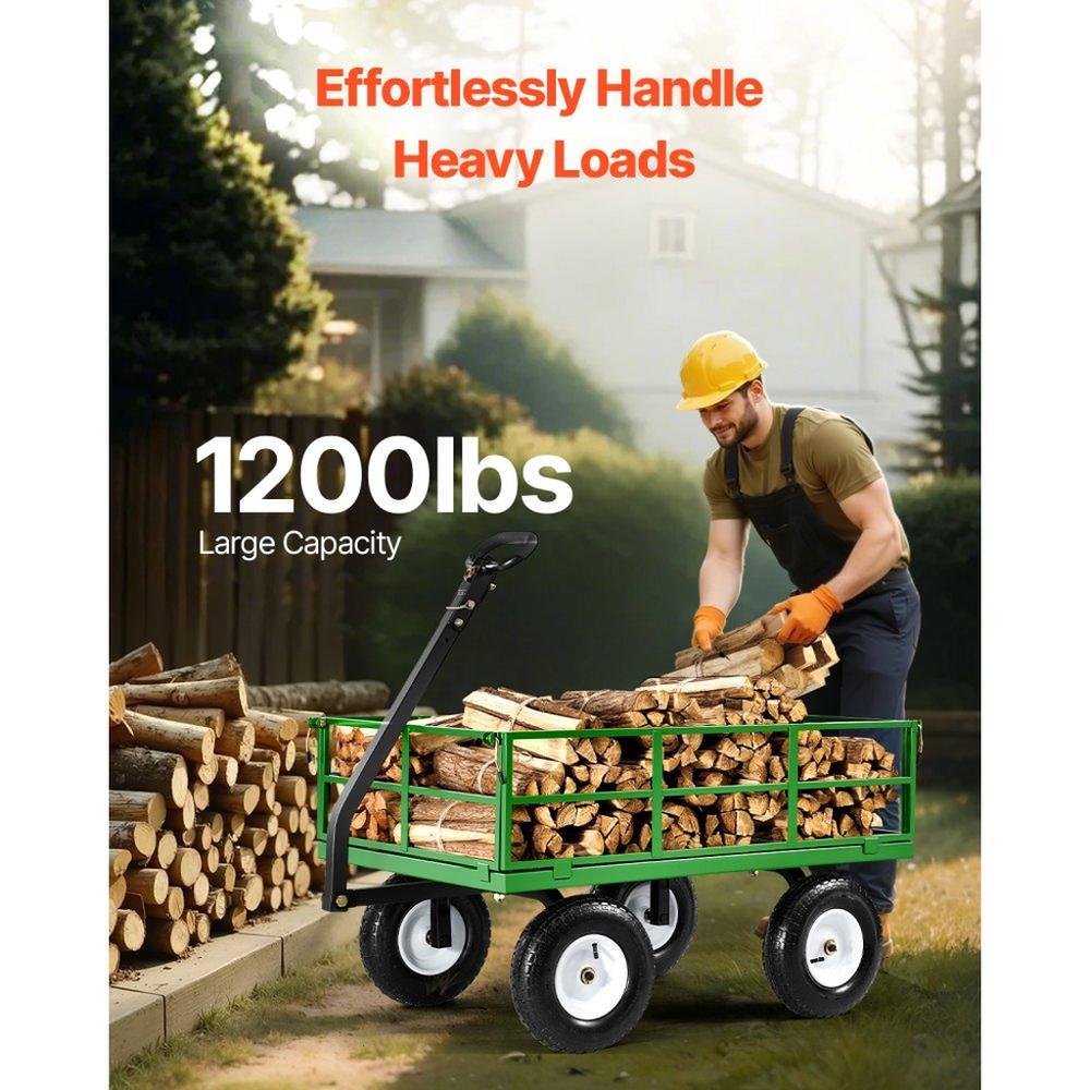 1200 Lbs Steel Garden Cart,Heavy Duty Pullable Garden Wagon Yard Cart,2 in 1 Outdoor Metal Utility Wagon Yard Trailer with 13" All Terrain Tires,Removable Mesh Sides and 180° Rotating Handle