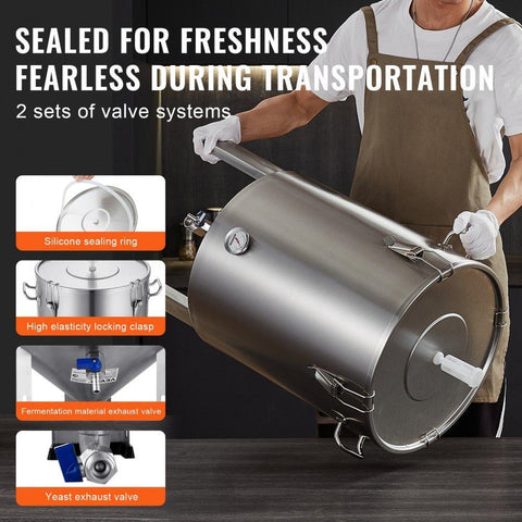 304 Stainless Steel Kettle, 16 GALLON Beer Brew Fermentor, Brew Bucket Fermentor for Brewing, Home Brewing Supplies with Base, Kettle Stock Pot Includes Lid, Handle, Valve, Spigot, Thermometer