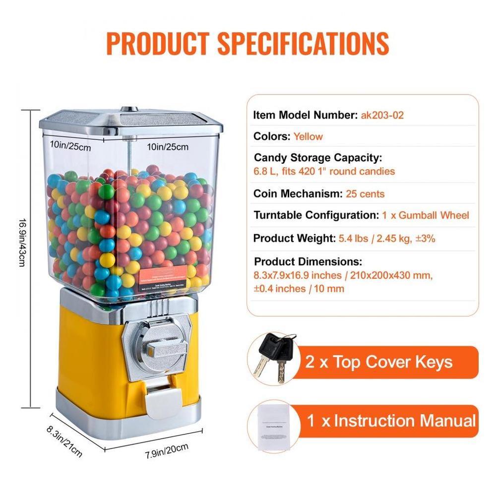 Gumball Machine for Kids, 17"H Home Candy Vending Machine, PC Gumball Dispenser, Bubble Gum Machine for Game Stores, Coin Operated Gumball Bank for Toy Capsules Bouncy Balls Candy, Yellow