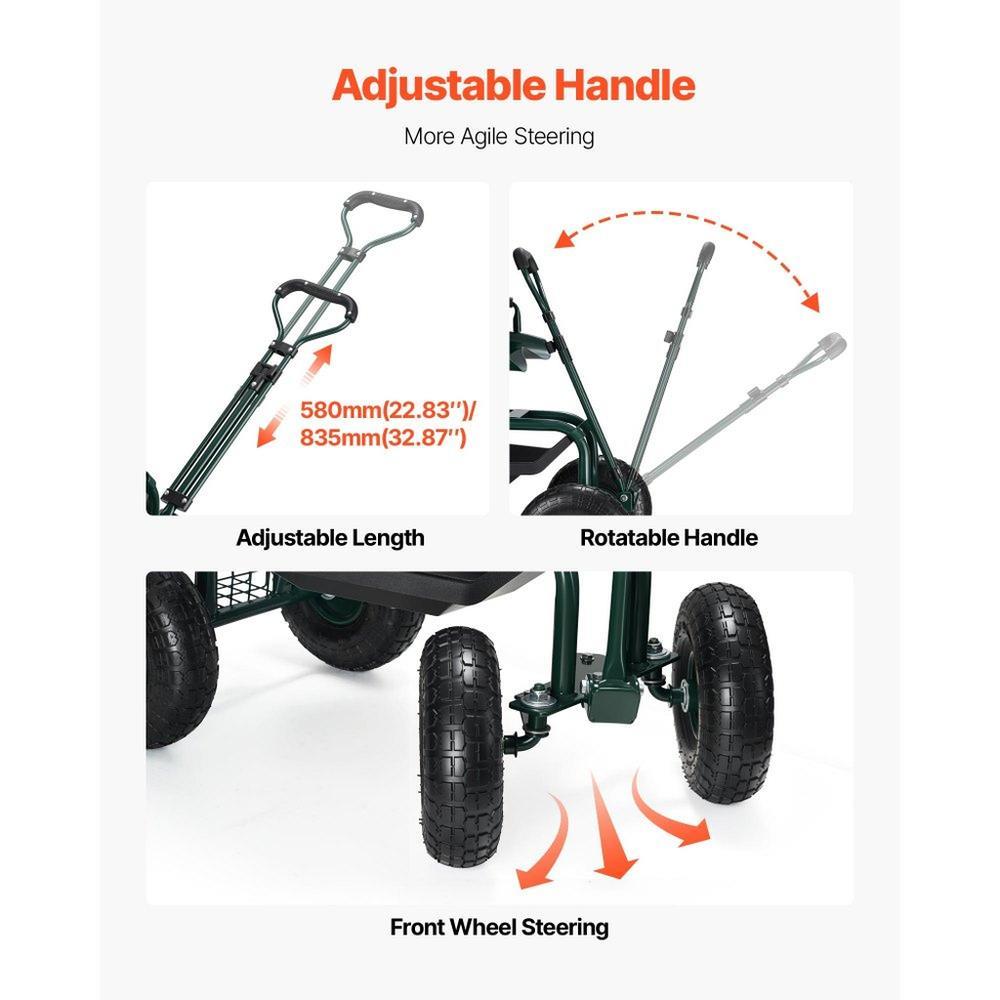 Rolling Garden Cart with Swivel Seat Backrest Toolbox Wheel Extendable Handle