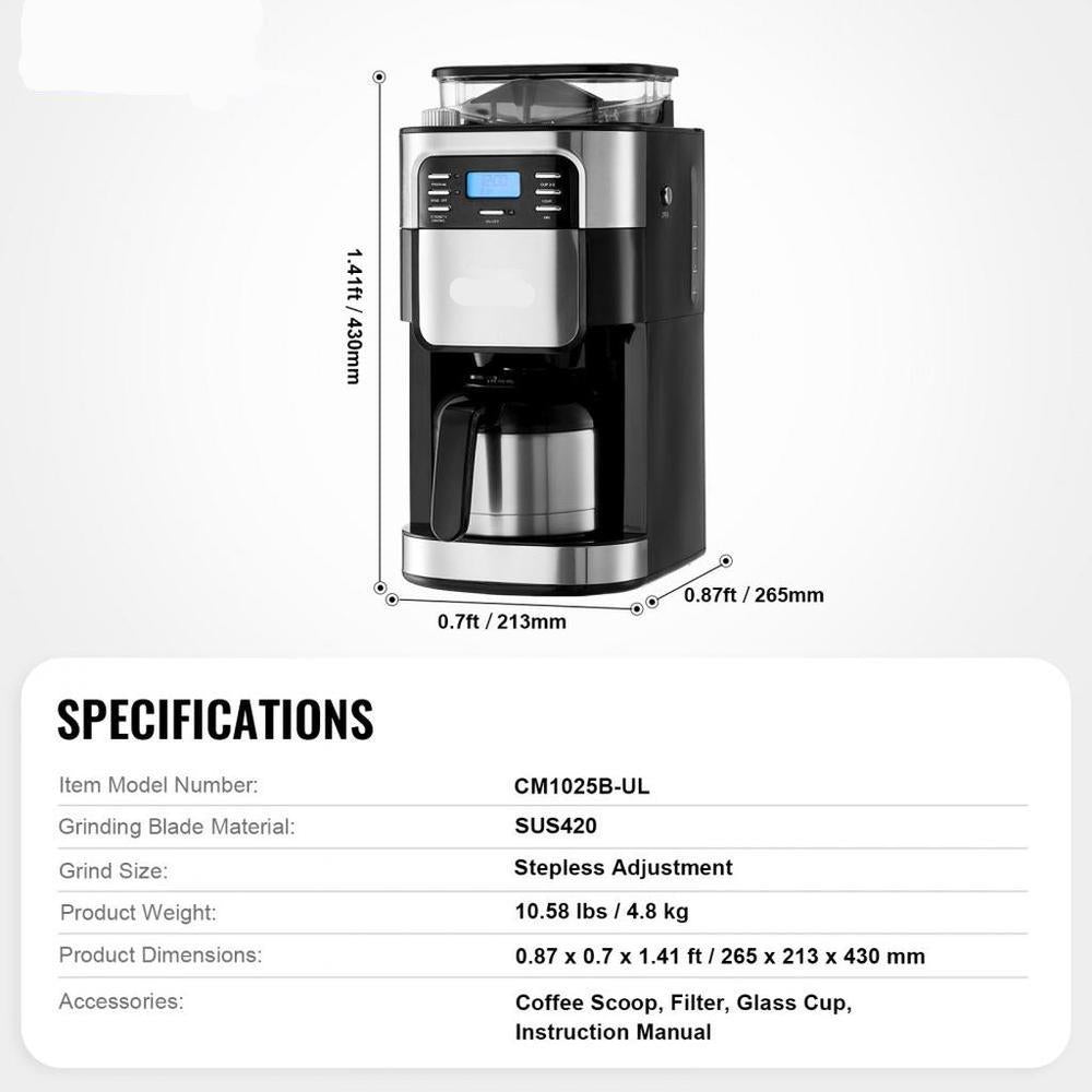 Coffee Maker with Grinder, 8 Cup Coffee Machine, Grind and Brew Coffee Maker with 3 Brew Strength Control, 24-Hour Timer for Auto Brew, for Home Office Restaurant