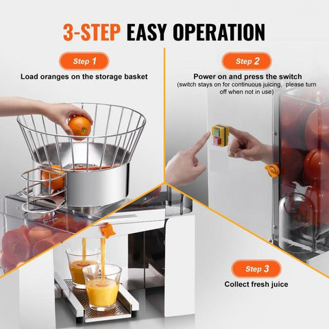Commercial Orange Juicer Machine, 120W Automatic Feeding Juice Extractor, Stainless Steel Juice Extractor for 25 Oranges Per Minute, with Pull-Out Filter Box, PC Cover, 2 Peel Collecting Buckets