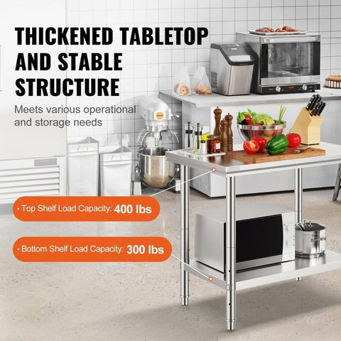 Stainless Steel Prep Table, 35 x 24 x 31 Inch, 700 lbs Load Capacity, Heavy Duty Metal Worktable with 3 Adjustable Height Levels, Commercial Workstation for Kitchen Garage Restaurant Backyard