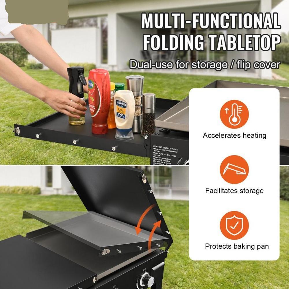 Commercial Griddle on Cart, 36" Heavy Duty Manual Flat Top Griddle, Outdoor Cooking Station with Side Shelves, Steel Natural Gas Griddle, 4-Burners Restaurant Portable Tested toStandards