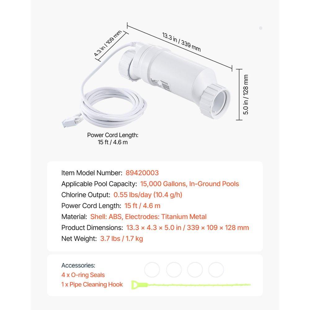 Salt Water Chlorinator System Pool Cell Compatible with Hayward W3T Cell 3 for Inground Swimming Pools up to 15000 Gallons with 15 ft Power Line White