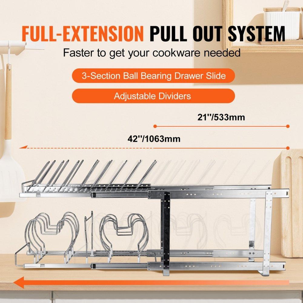 Pan and Pot Rack, 2-Tier Expandable Pull Out Under Cabinet Organizer, Cookie Sheet Baking Pans Tray Racks, Adjustable Wire Dividers, Steel Lid Holder for Kitchen Cabinet & Pantry Storage, 12"W