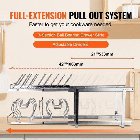 Pan and Pot Rack, 2-Tier Expandable Pull Out Under Cabinet Organizer, Cookie Sheet Baking Pans Tray Racks, Adjustable Wire Dividers, Steel Lid Holder for Kitchen Cabinet & Pantry Storage, 12"W