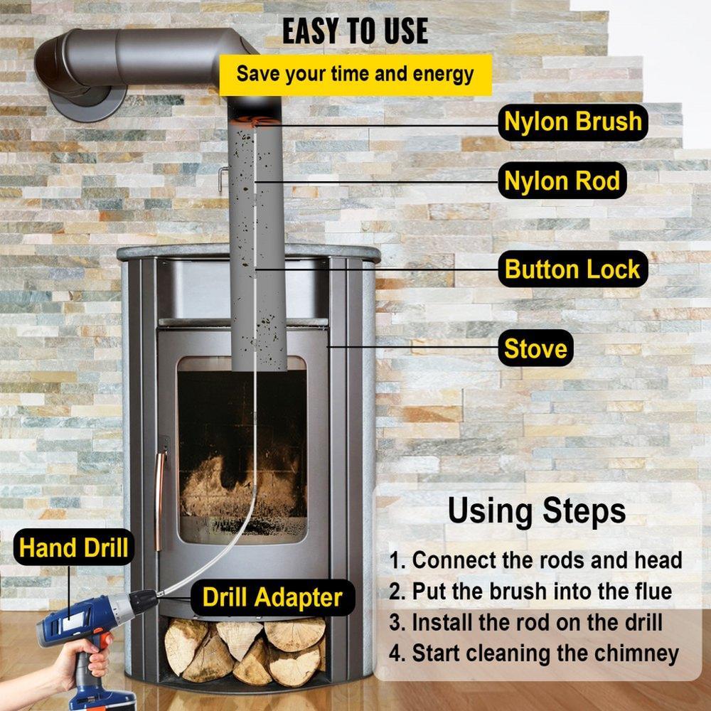 Chimney Sweep Kit 26FT Length, Chimney Cleaning Tool Kits with 8 Nylon Flexible Rods, Chimney Brush Kit Driven by Drill for Sweeping Fireplace