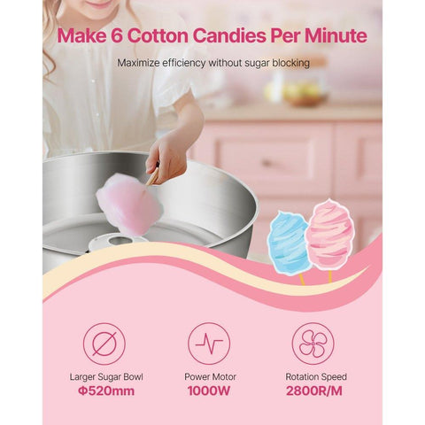 Electric Cotton Candy Machine, 1000W Commercial Candy Floss Maker with 20.5 in Stainless Steel Bowl, Sugar Scoop, and Drawer, Easy Home Use, Perfect for Kids Birthday, Family Party, Blue