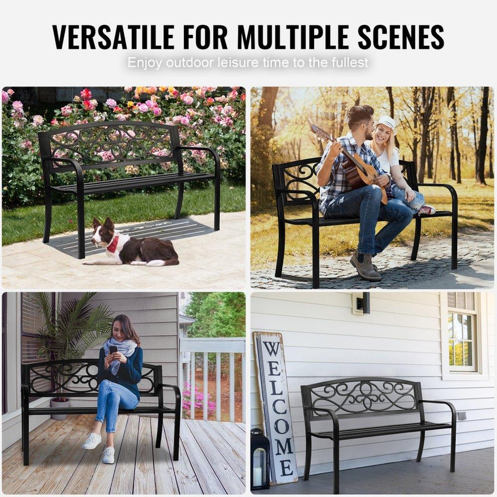 Outdoor Garden Bench 50in Metal Patio Bench 550lbs Load Capacity Park Yard Porch Bench with Backrest Armrests
