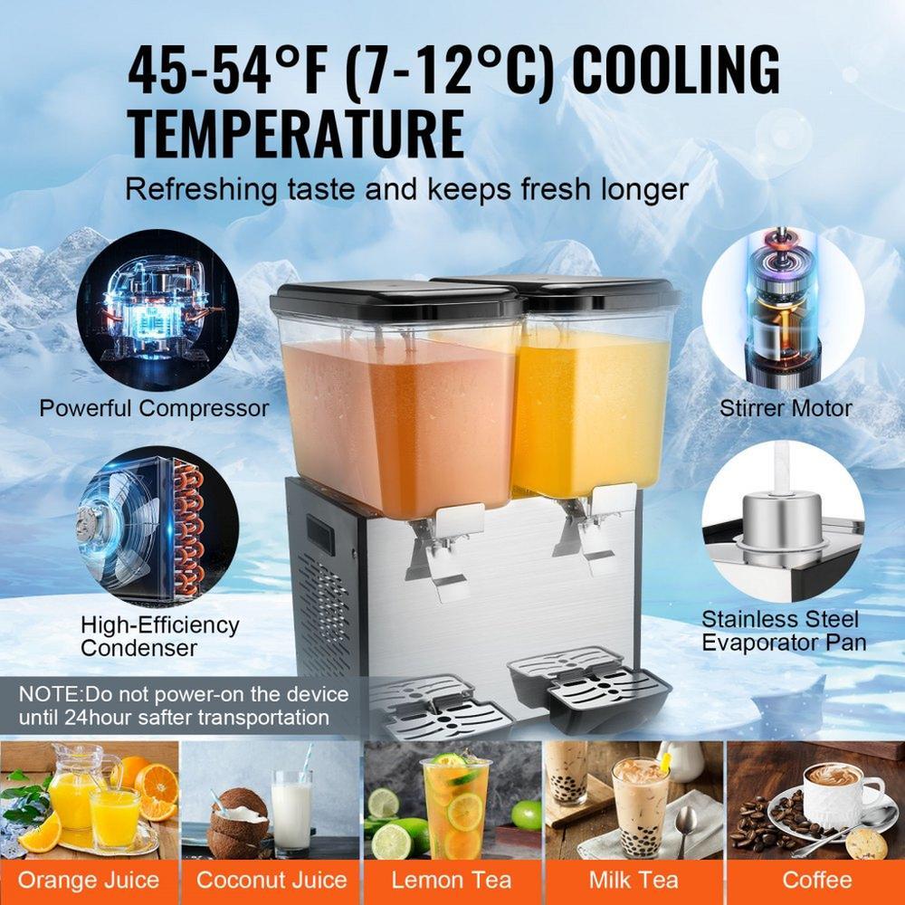 Commercial Beverage Dispenser, 2 Tanks 18 L / 19 QT Per Tank Juice Dispenser, 370W Stainless Steel Ice Tea Drink Machine with 45°F-54°F Cooling Temperature, for Cold Drink Restaurant Bar Party
