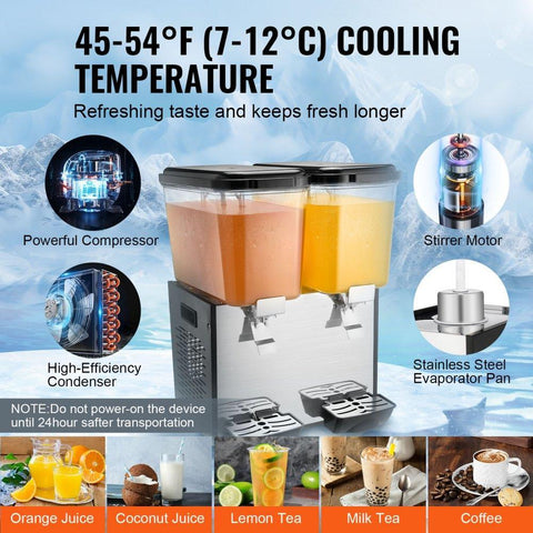 Commercial Beverage Dispenser, 2 Tanks 18 L / 19 QT Per Tank Juice Dispenser, 370W Stainless Steel Ice Tea Drink Machine with 45°F-54°F Cooling Temperature, for Cold Drink Restaurant Bar Party