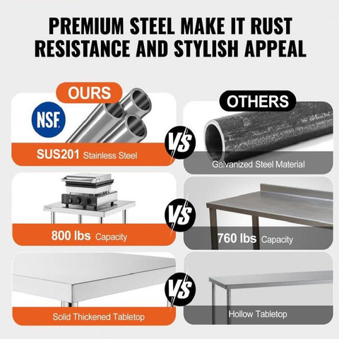 24 x 36 x 36 Inch Stainless Steel Work Table, Commercial Food Prep Worktable Heavy Duty Prep Worktable, Metal Work Table with Adjustable Height for Restaurant, Home and Hotel