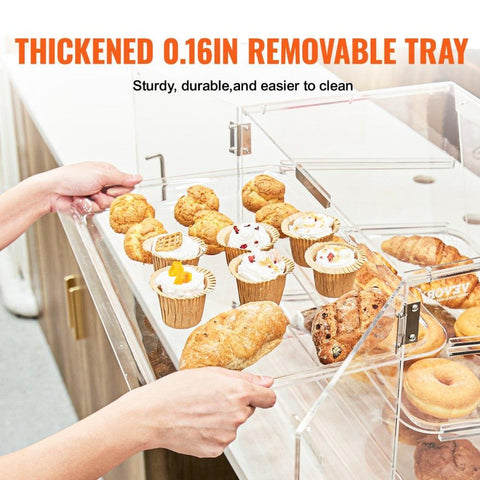 Pastry Display Case, 3-Tier Commercial Countertop Bakery Display Case, Acrylic Display Box with Rear Door Access & Removable Shelves, Keep Fresh for Donut Bagels Cake Cookie, 20.7"x14.2"x16.3"