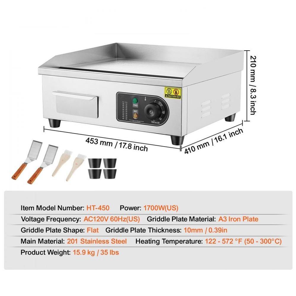 Commercial Electric Griddle, 1700W Countertop Flat Top Grill, 122℉-572 ℉ Adjustable Temp, 17.72 x 11.81 x 0.39in Stainless Steel Griddle Grill with 2 Shovels and 2 Brushes for Home or Restaurant