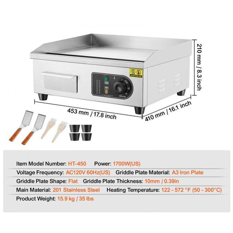 Commercial Electric Griddle, 1700W Countertop Flat Top Grill, 122℉-572 ℉ Adjustable Temp, 17.72 x 11.81 x 0.39in Stainless Steel Griddle Grill with 2 Shovels and 2 Brushes for Home or Restaurant