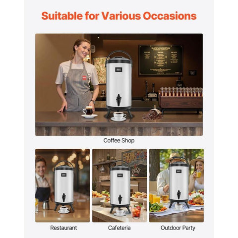 Insulated Beverage Dispenser, 2.4 Gal/9.2L Stainless Steel Thermal Drink Server with Spigot & Temp Display, Suitable for Hot and Cold Drinks, for Tea Coffee Water in Cafes & Restaurants, Silver