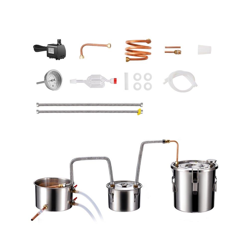 Alcohol Still, 3 Gal / 11.4 L Stainless Steel Water Alcohol Distiller with Copper Coil for Fast Cooling, Dual Condenser Distiller Kit with Secondary Distillation, for Wine Whisky Brandy, Silver