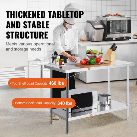 Stainless Steel Prep Table, 24 x 48 x 34 Inch, Heavy Duty Metal Worktable with 3 Adjustable Height Levels, Commercial Workstation for Kitchen Garage Restaurant Backyard