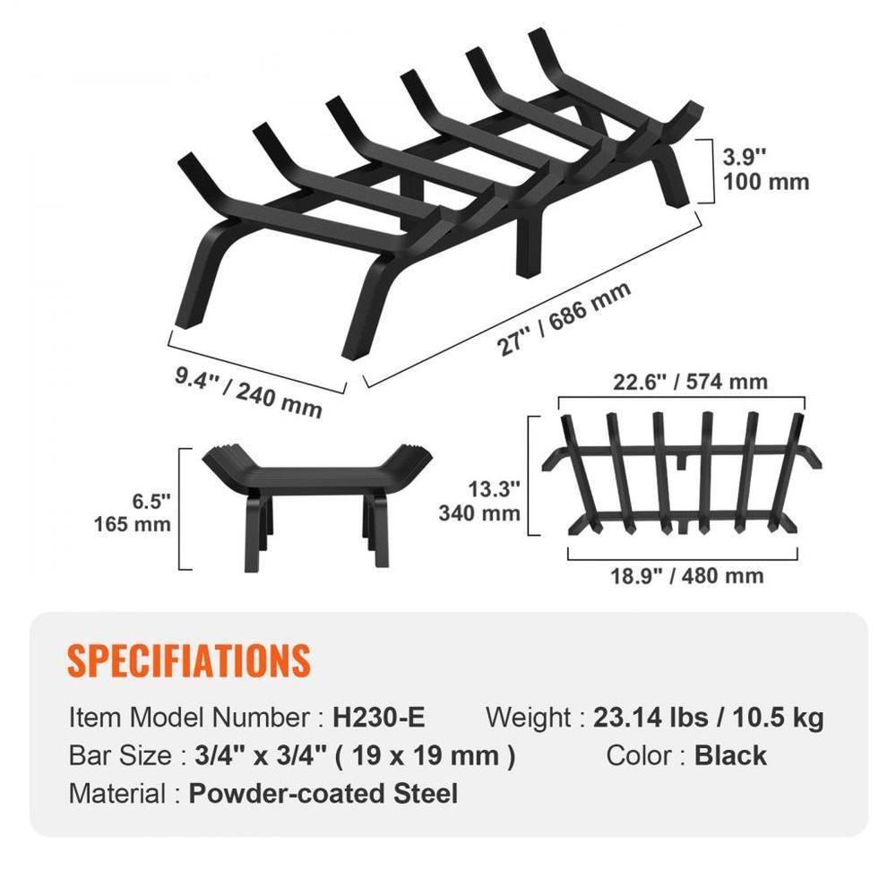 Fireplace Log Grate, 27 inch Heavy Duty Fireplace Grate with 6 Support Legs, 3/4’’ Solid Powder-coated Steel Bars, Log Firewood Burning Rack Holder for Indoor and Outdoor Fireplace