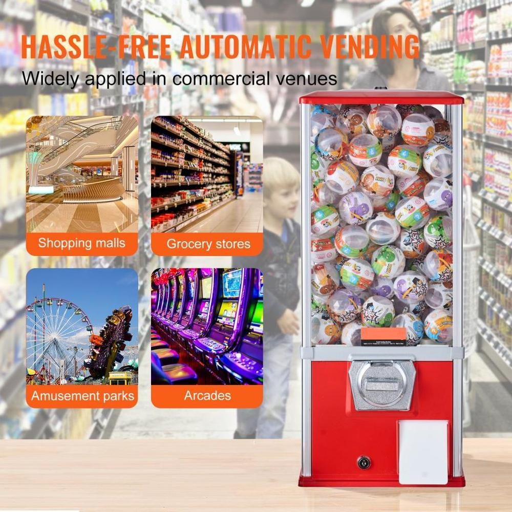 Gumball Machine for Kids, 25" Height Home Vending Machine, PS Bouncy Balls Dispenser, Hold 230 Capsule Toys, Rectangle Bubble Gum Machine for Game Stores, Coin Operated Gumball Bank, Red