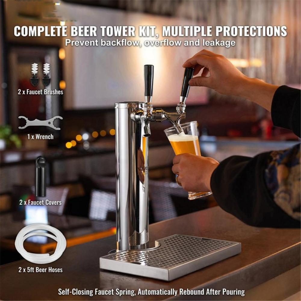 Dual Taps Draft Beer Tower Dispenser, Stainless Steel Keg Beer Tower, Kegerator Tower Kit with Pre-Assembled Tubing and Self-Closing Faucet Shanks for Party, Bar, Pub, Restaurant
