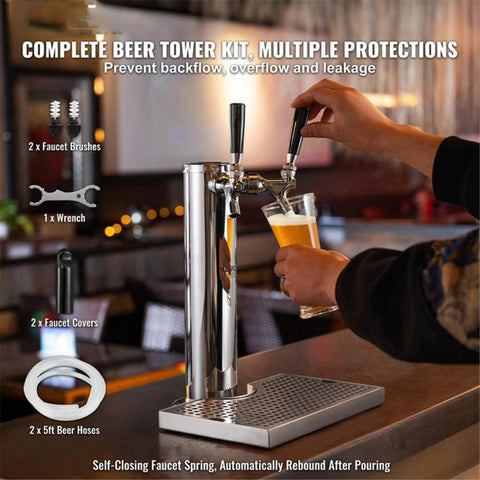 Dual Taps Draft Beer Tower Dispenser, Stainless Steel Keg Beer Tower, Kegerator Tower Kit with Pre-Assembled Tubing and Self-Closing Faucet Shanks for Party, Bar, Pub, Restaurant