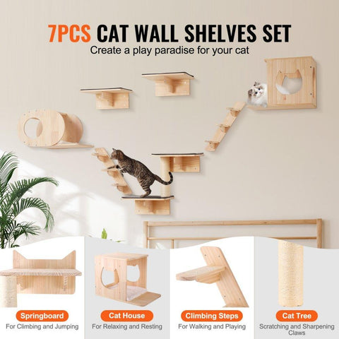 Wall Mounted Cat Shelves Tree with Jumping Boards Nests Hammock Set of 7