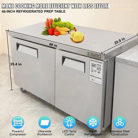 Commercial Refrigerator, 48" Worktop Undercounter Refrigerator, 12.85 Cu. Ft Thick Stainless Steel Refrigerated Food Prep Station, 2 Door Worktop Fridge with lock for Restaurant, Bar, Diner