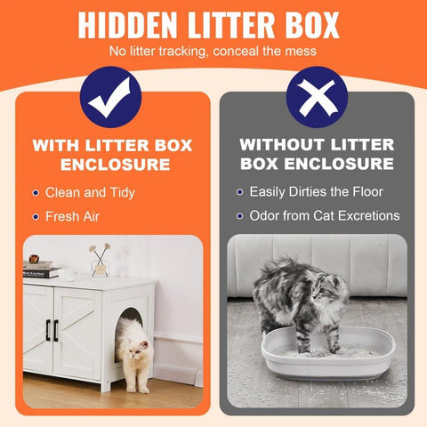 Cat Litter Box Enclosure Wooden Furniture Hidden Litter Box with 2 Rooms White
