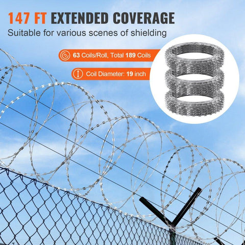 Razor Wires, 147 ft Razor Barbed Wire, 3 Rolls Razor Wire Fencing Razor Fence, Double Spiral Razor Ribbon Barbed Wire Galvanized Razor Wire Fence, Rolls Razor for Garden