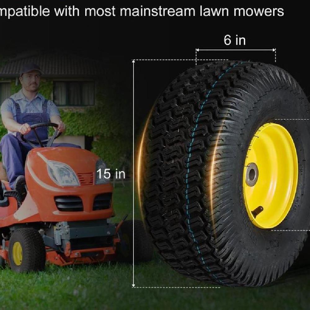 Lawn Mower Tires with Rim, 15x6-6" Tubeless Tractor Tires, 2-Pack Tire and Wheel Assembly, S-Turf Pneumatic Tires, 3" Offset Hub, 3/4" Bushing Size, 16 PCS Adapters for Riding Mower Lawn Tractor