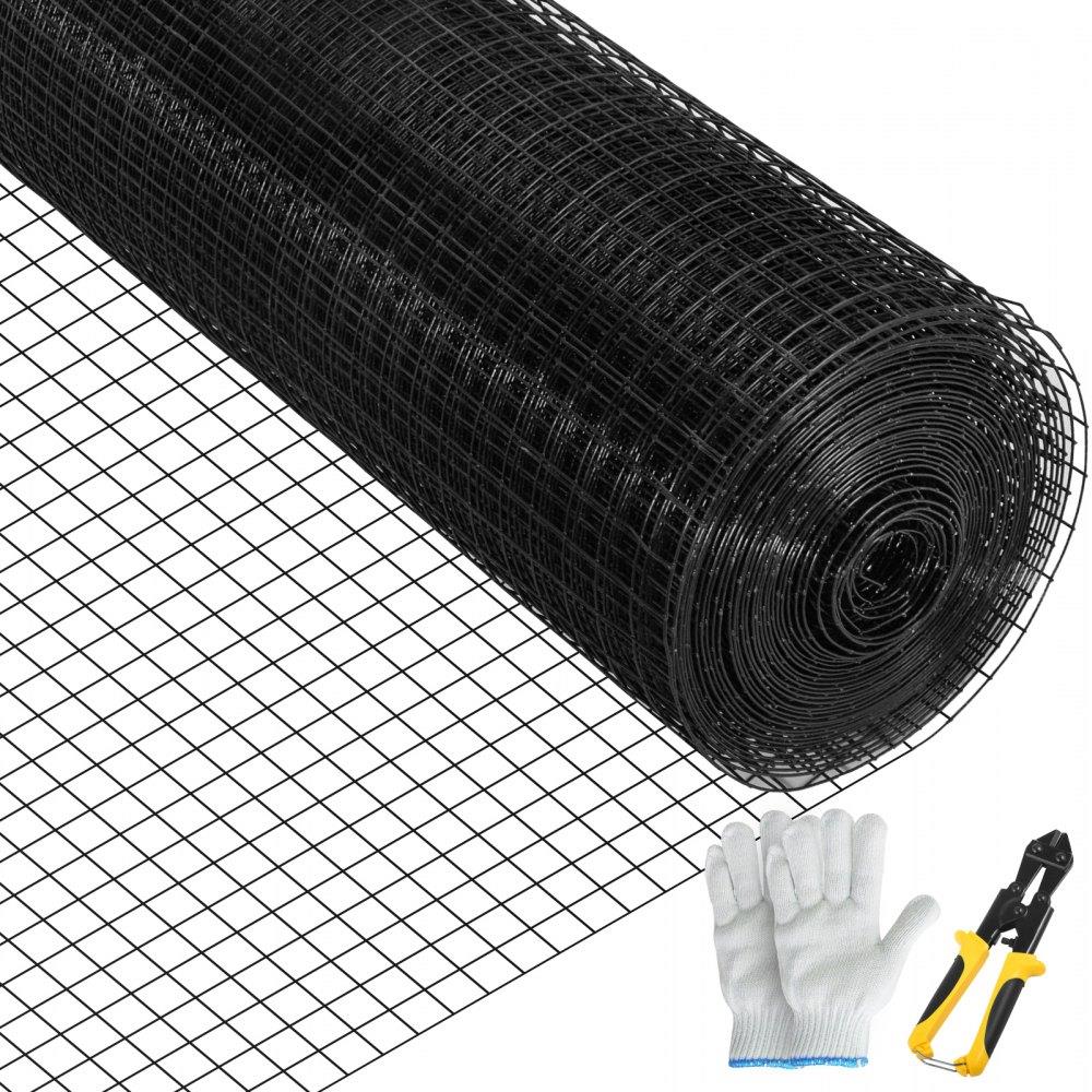 Hardware Cloth, 24\" x50\' & 1\"x1\" Mesh Size, Galvanized Steel Vinyl Coated 16 Gauge Welded Wire with A Cutting Plier & A Pair of Fabric Gloves, for Garden Fencing & Pet Enclosures, Black