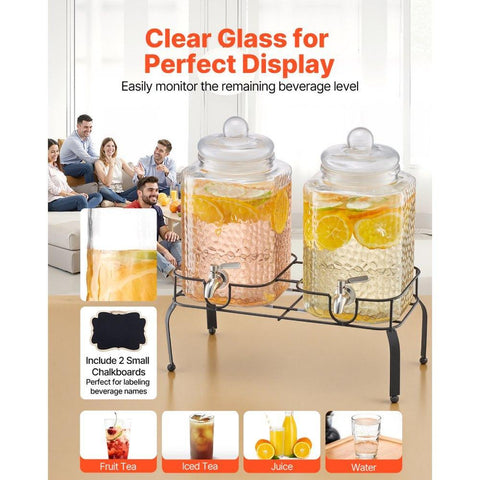 Beverage Dispenser, 2 Pack 1.5 Gallon Drink Dispensers for Parties, Glass Juice Dispenser with Metal Stand, Stainless Steel Spigot, Iced Tea Lemonade Juice Water Dispensers for Parties