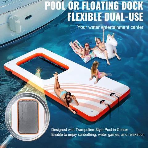 Inflatable Floating Dock, 15x6.5FT Inflatable Dock Platform with 4*6FT Trampoline Mesh Pool, Non-Slip Floating Platform Water Mat with Portable Bag & Detachable Ladder for Pool Beach Relaxation