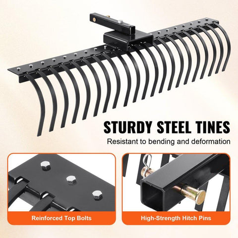 Tow Behind Landscape Rake, 60" Tow Dethatcher with 21 Steel Coil Tines, Lawn Dethatcher Rake Attaches to 48" or 60" Toolbars and 3-point Suspension Systems, for Leaves, Pine Needles, and Grass