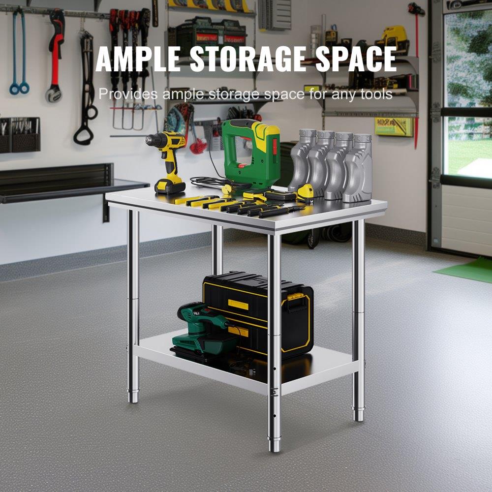 Stainless Steel Prep Table, 35 x 24 x 31 Inch, 700 lbs Load Capacity, Heavy Duty Metal Worktable with 3 Adjustable Height Levels, Commercial Workstation for Kitchen Garage Restaurant Backyard