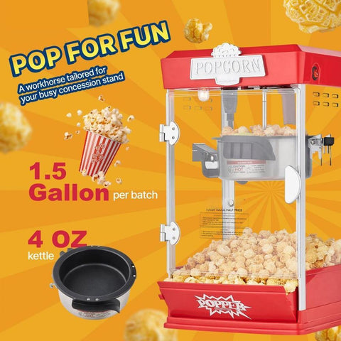 Popcorn Maker, 480W Popcorn Popper Machine, 4 Oz Kettle Makes 1.5 Gallon per Batch, Tabletop Popcorn Maker, Includes 3 Scoops, Movie Theater Style, Red