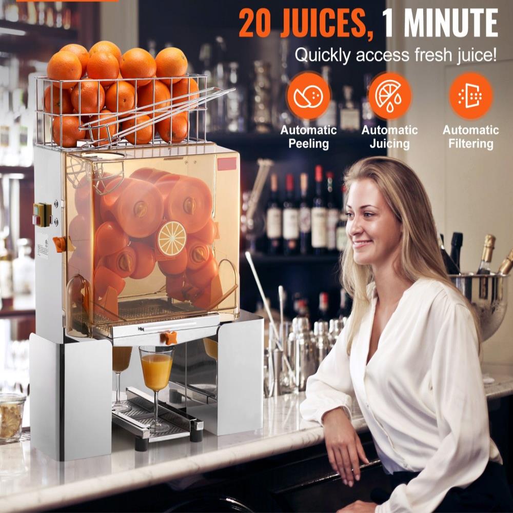 Commercial Orange Juicer Machine, 120W Automatic Juice Extractor, Stainless Steel Orange Squeezer for 20 Oranges Per Minute, with Pull-Out Filter Box, PC Cover, 2 Peel Collecting Buckets