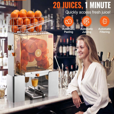 Commercial Orange Juicer Machine, 120W Automatic Juice Extractor, Stainless Steel Orange Squeezer for 20 Oranges Per Minute, with Pull-Out Filter Box, PC Cover, 2 Peel Collecting Buckets