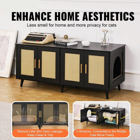 Cat Litter Box Enclosure Wooden Litter Box Furniture Hidden 2 Rooms Black