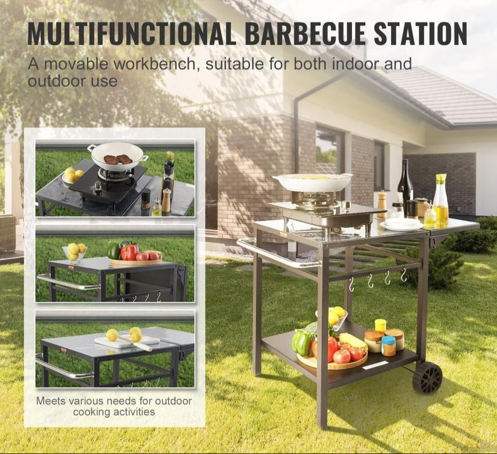 Outdoor Grill Dining Cart with Double-Shelf, BBQ Movable Food Prep Table, Multifunctional Foldable Iron Table Top, Portable Modular Carts for Pizza Oven, Worktable with 2 Wheels, Carry Handle