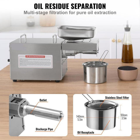 Electric Oil Press Machine, 700W Stainless Steel Oil Extractor Machine, 140℃ / 284℉ Constant Temperature, Hot Press Oil Expeller for Pressing Peanuts, Sesame Seeds, Rapeseed, Tea Seeds